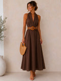 Elegante bruine maxi-jurk met ceintuur